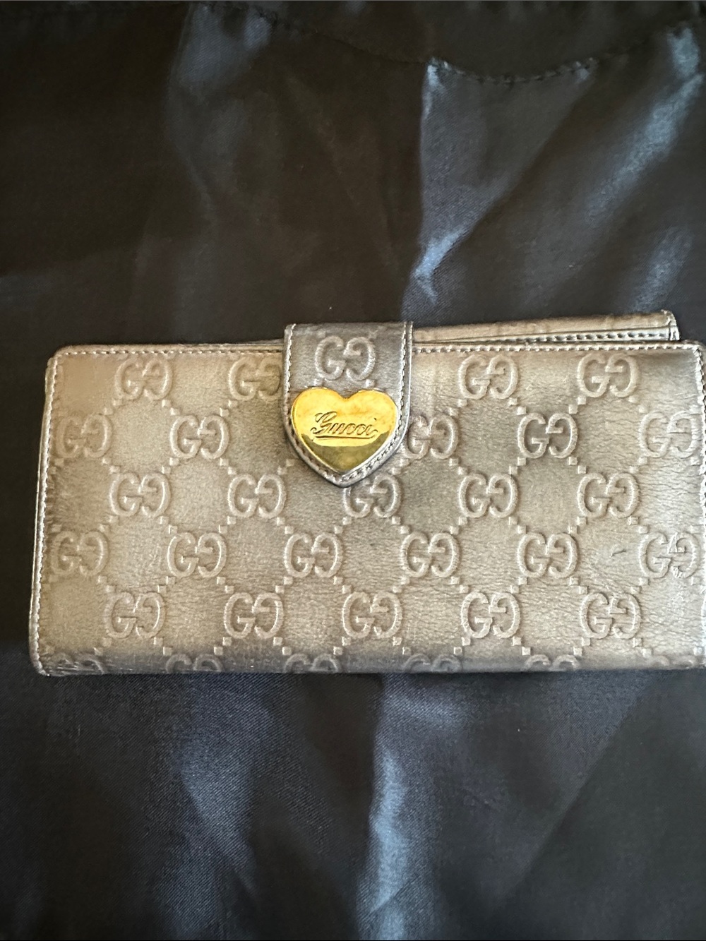 Gucci Metallic Silver GG Heart-Accent Wallet